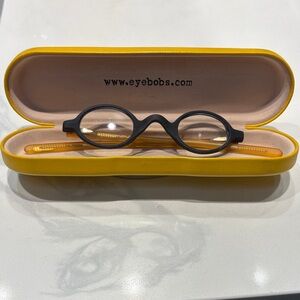 Eyebobs (old money) Round Black Frame Reading Glasses with Yellow arms. Acetate.
